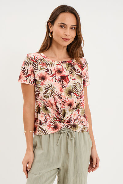 T-shirt taille effet nou&eacute; coton vert kaki femme