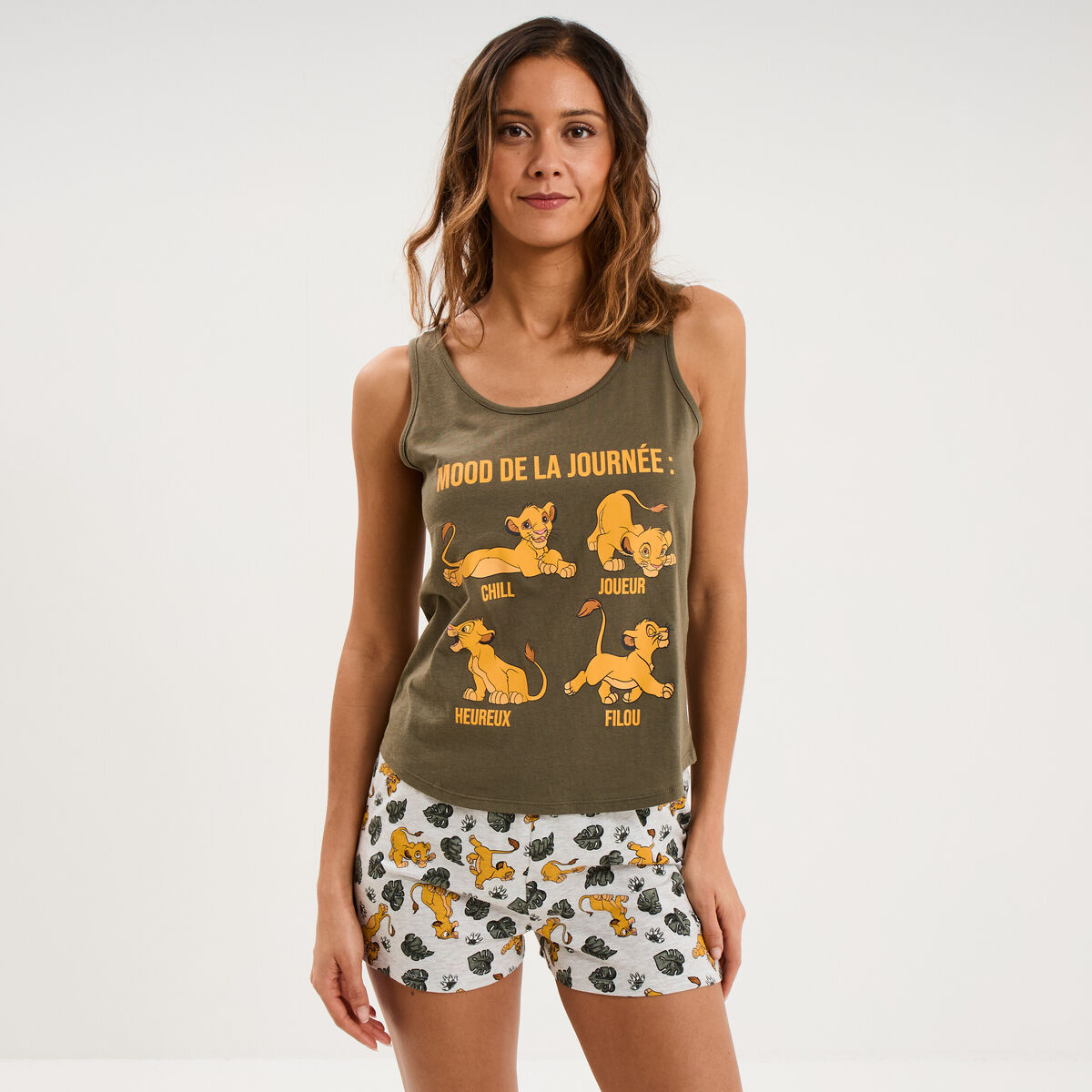 Ensemble pyjama short coton Le Roi lion vert kaki femme