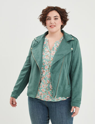 Blouson zippé effet suédine style biker vert foncé femme grande taille