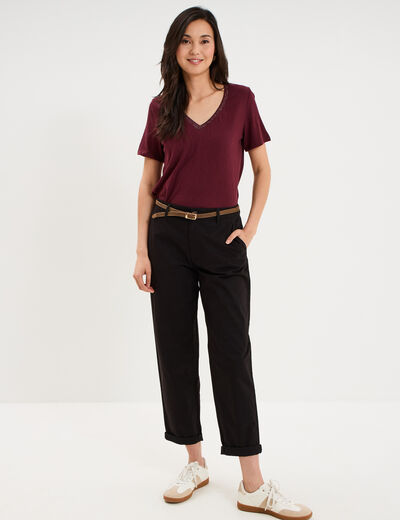 T-shirt col en V manches courtes violet fonc&eacute; femme