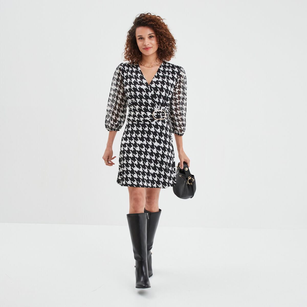 Robe cache-coeur manches 3/4 bouffantes ecru femme