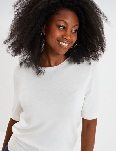 Pull manches courtes col rond blanc femme