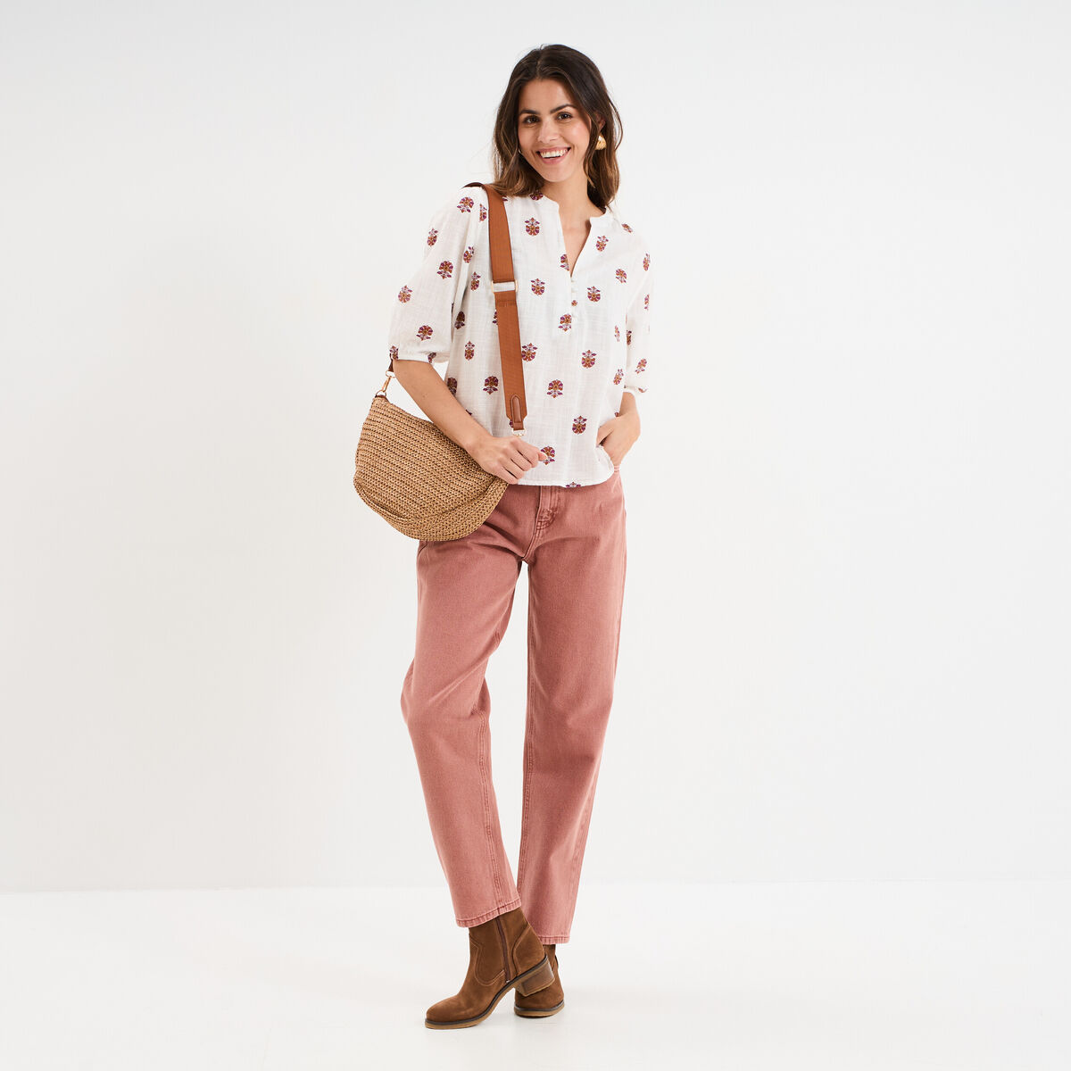 Blouse col tunisien manches 3/4 coton blanc femme