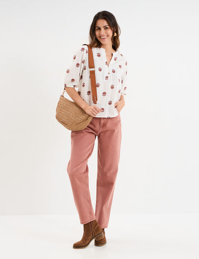 Blouse col tunisien manches 3/4 coton blanc femme