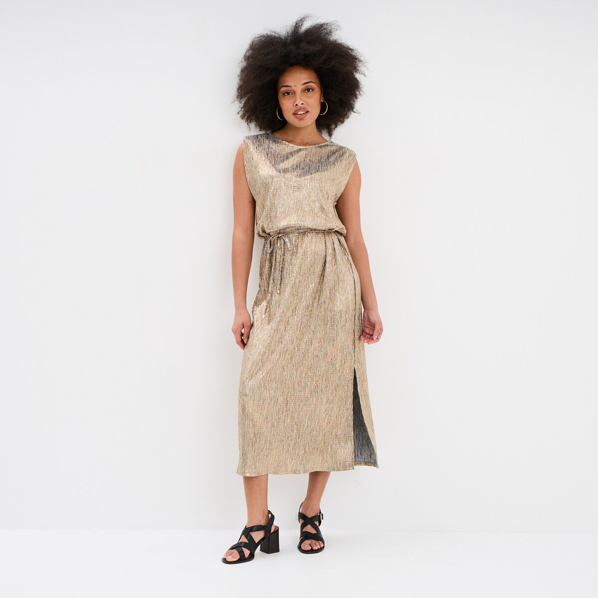 Robe midi droite sans manches jaune or femme