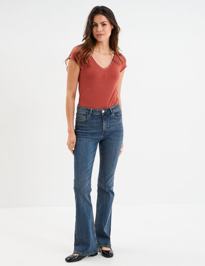 T-shirt col V ajusté manches courtes vieux rose femme