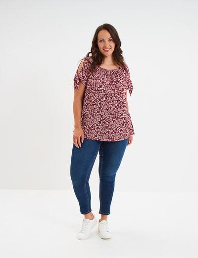 T-shirt col bardot manches noeuds bordeaux femme grande taille