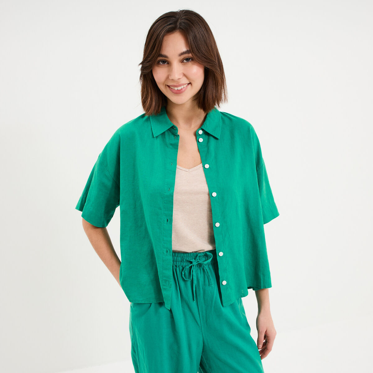 Chemise manches courtes lin m&eacute;lang&eacute; vert canard femme