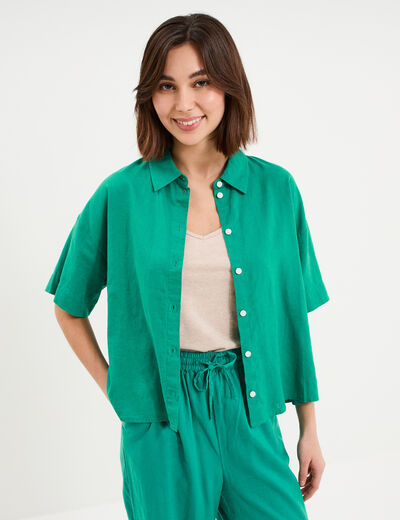 Chemise manches courtes lin m&eacute;lang&eacute; vert canard femme