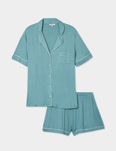 Ensemble pyjama fluide short et chemise bleu gris femme