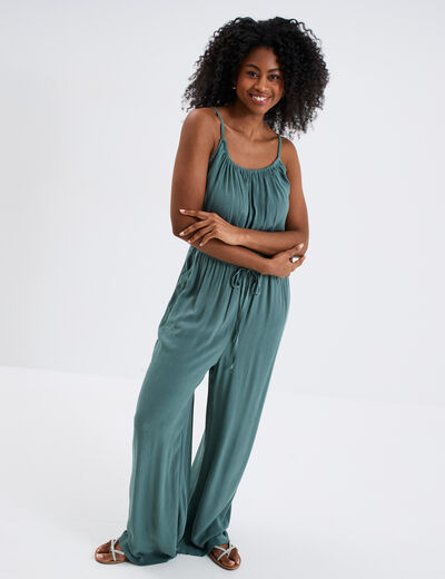 Combinaison pantalon fluide en crêpe vert foncé femme