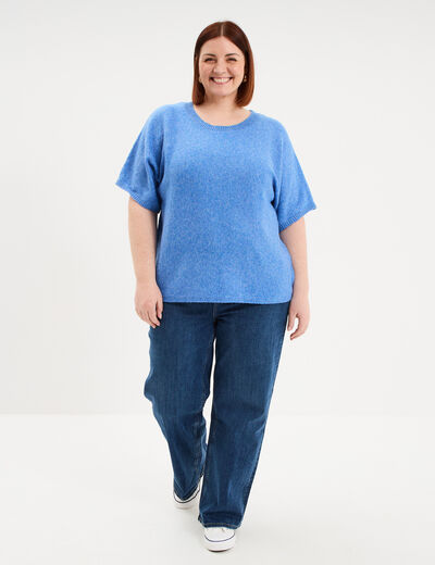 Pull manches courtes col rond bleu femme grande taille