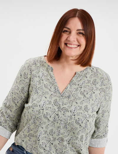 Blouse col tunisien manches 3/4 fluide vert kaki femme grande taille