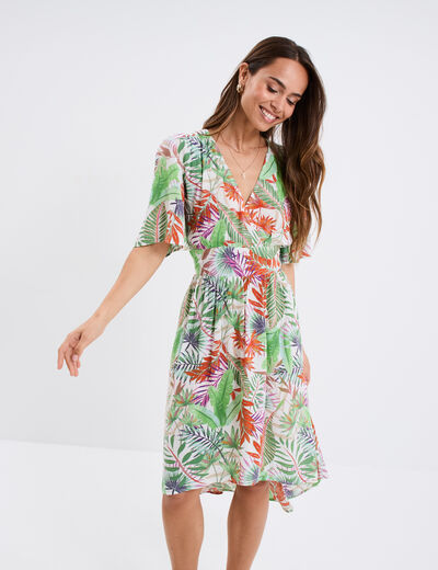 Robe asymétrique midi manches courtes blanc femme