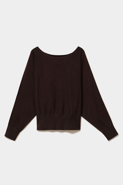 Pull encolure bateau manches longues marron fonc&eacute; femme