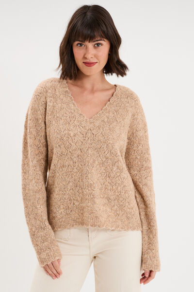 Pull col V ajour&eacute; manches longues beige femme