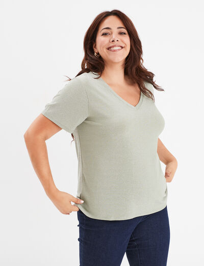 T-shirt col en V fils métallisés vert clair femme grande taille