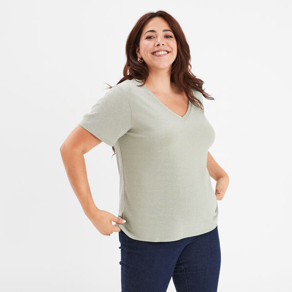 T-shirt col en V fils métallisés vert clair femme grande taille