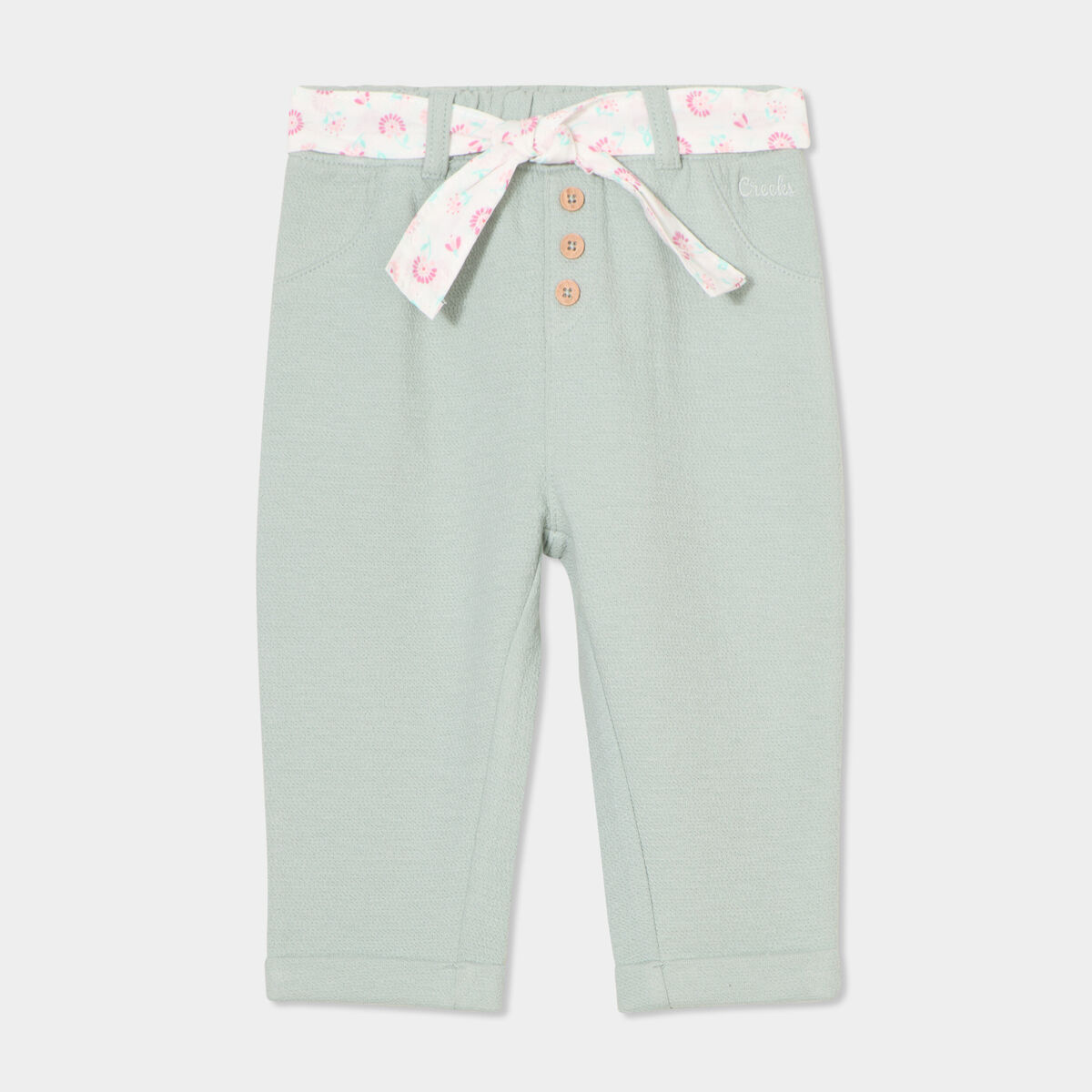Pantalon cigarette en maille &agrave; ceinture vert pastel b&eacute;b&eacute; fille