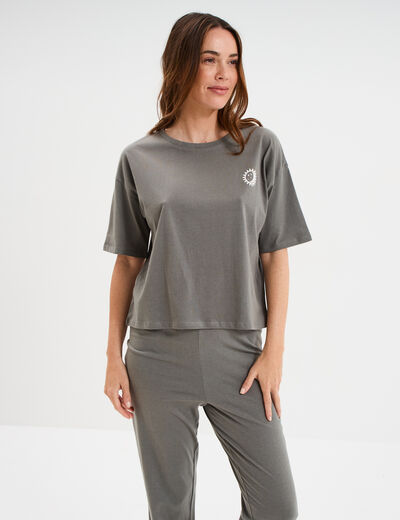 Ensemble pyjama pantalon et t-shirt vert kaki femme