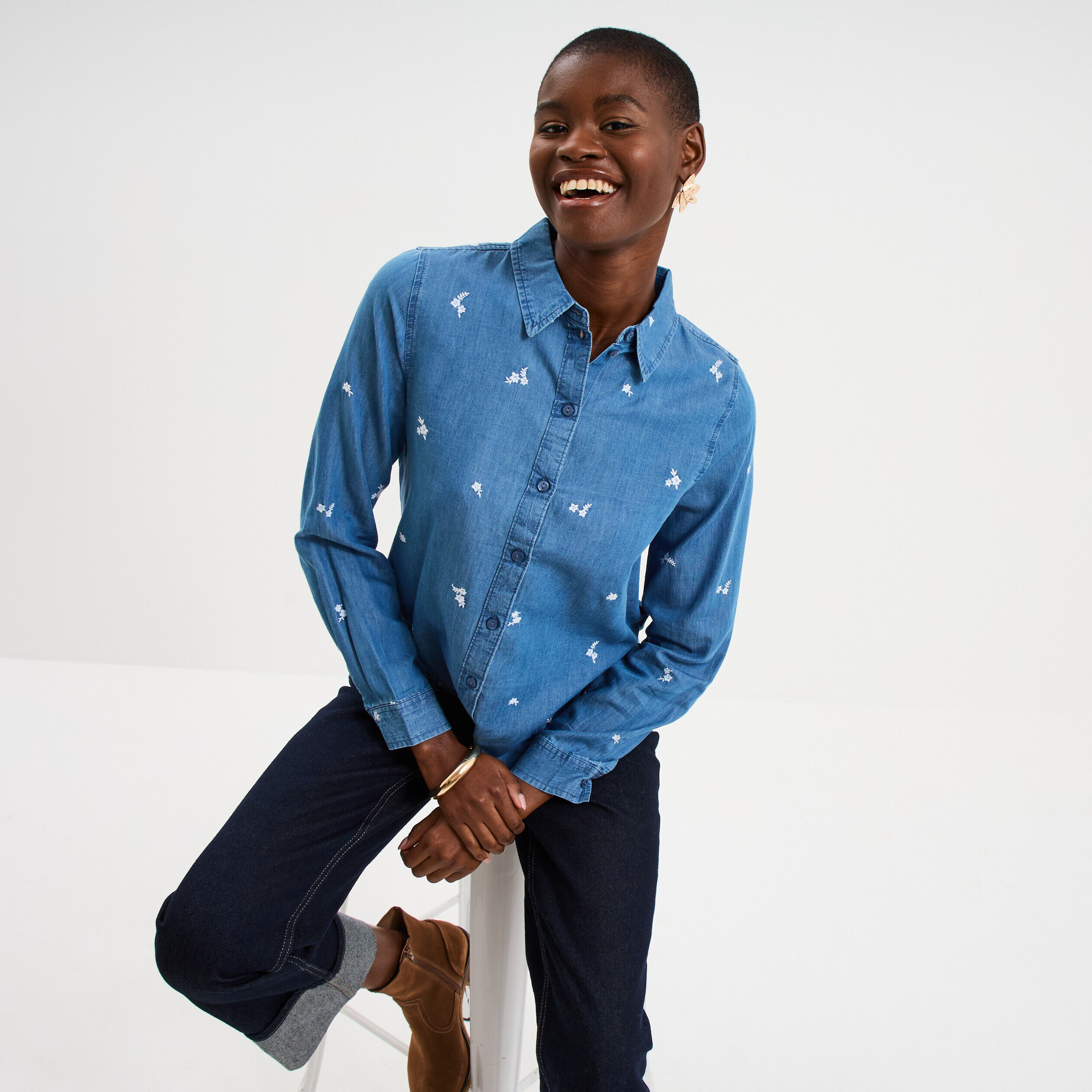 Chemise en jean brodée bleu femme CREEKS