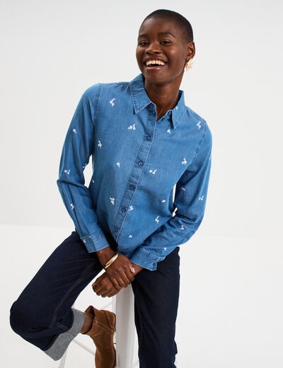 Chemise en jean brod&eacute;e bleu femme