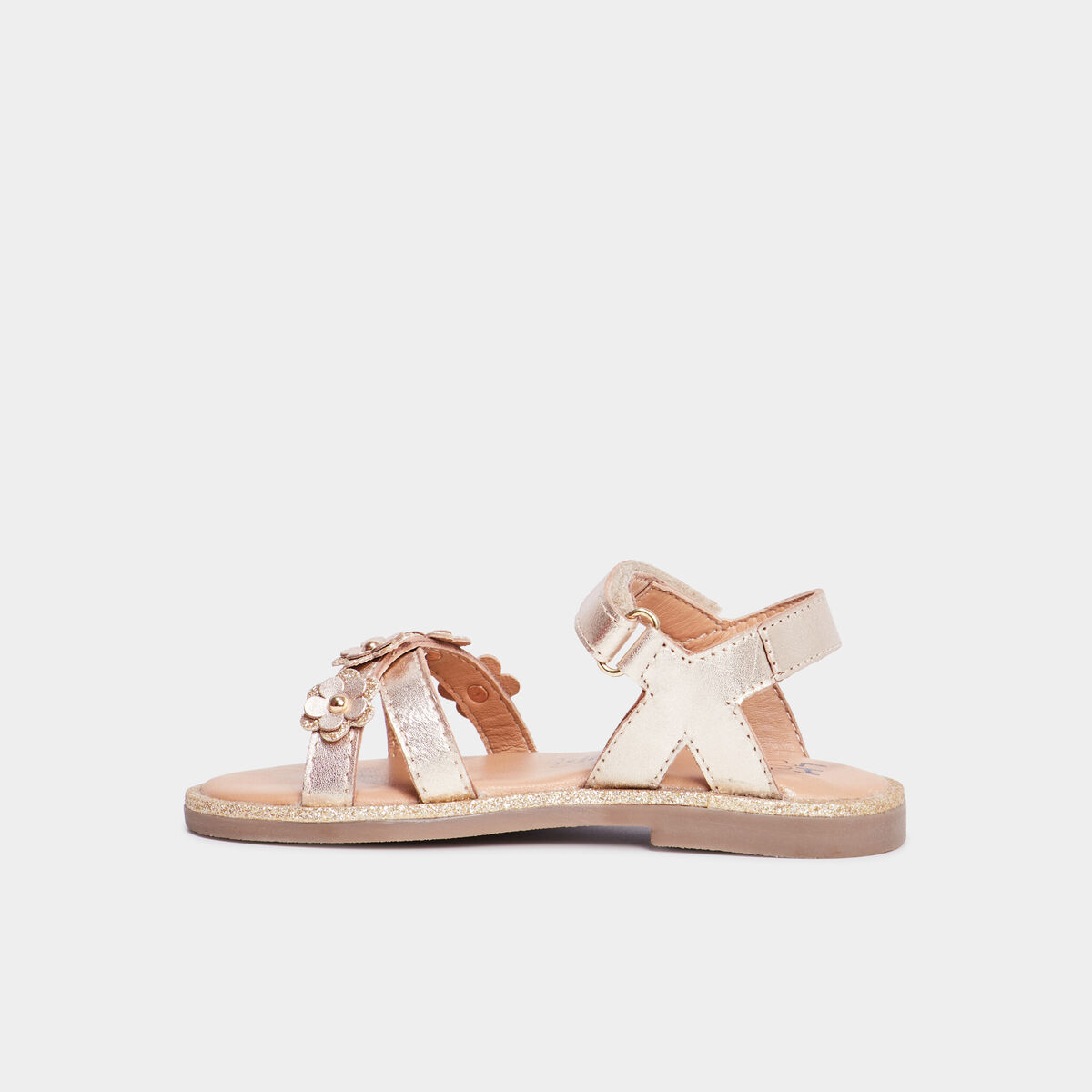 Sandales iris&eacute;es avec fleurs en cuir jaune or fille