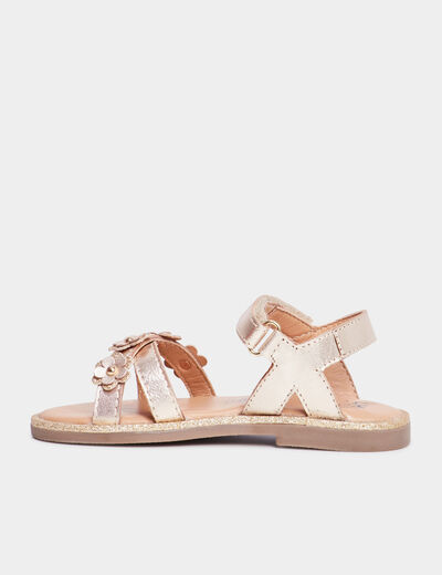 Sandales irisées avec fleurs en cuir jaune or fille