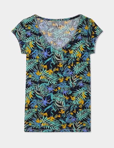 T-shirt col V droit manches courtes noir femme