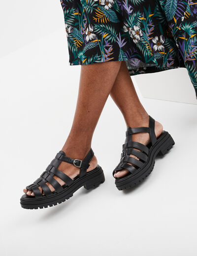 Sandales semelles crant&eacute;es noir femme