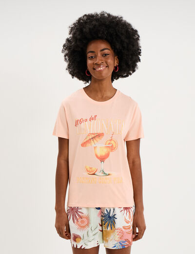 T-shirt droit avec manches courtes coton orange fluo femme