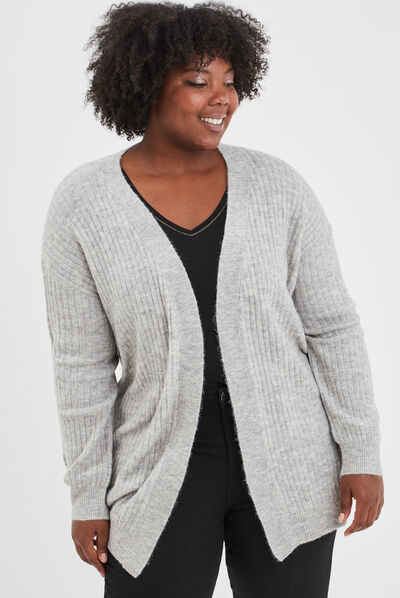 Gilet long côtelé col châle gris femme grande taille