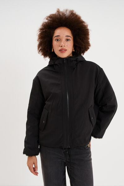 Parka r&eacute;versible capuche fausse fourrure noir femme