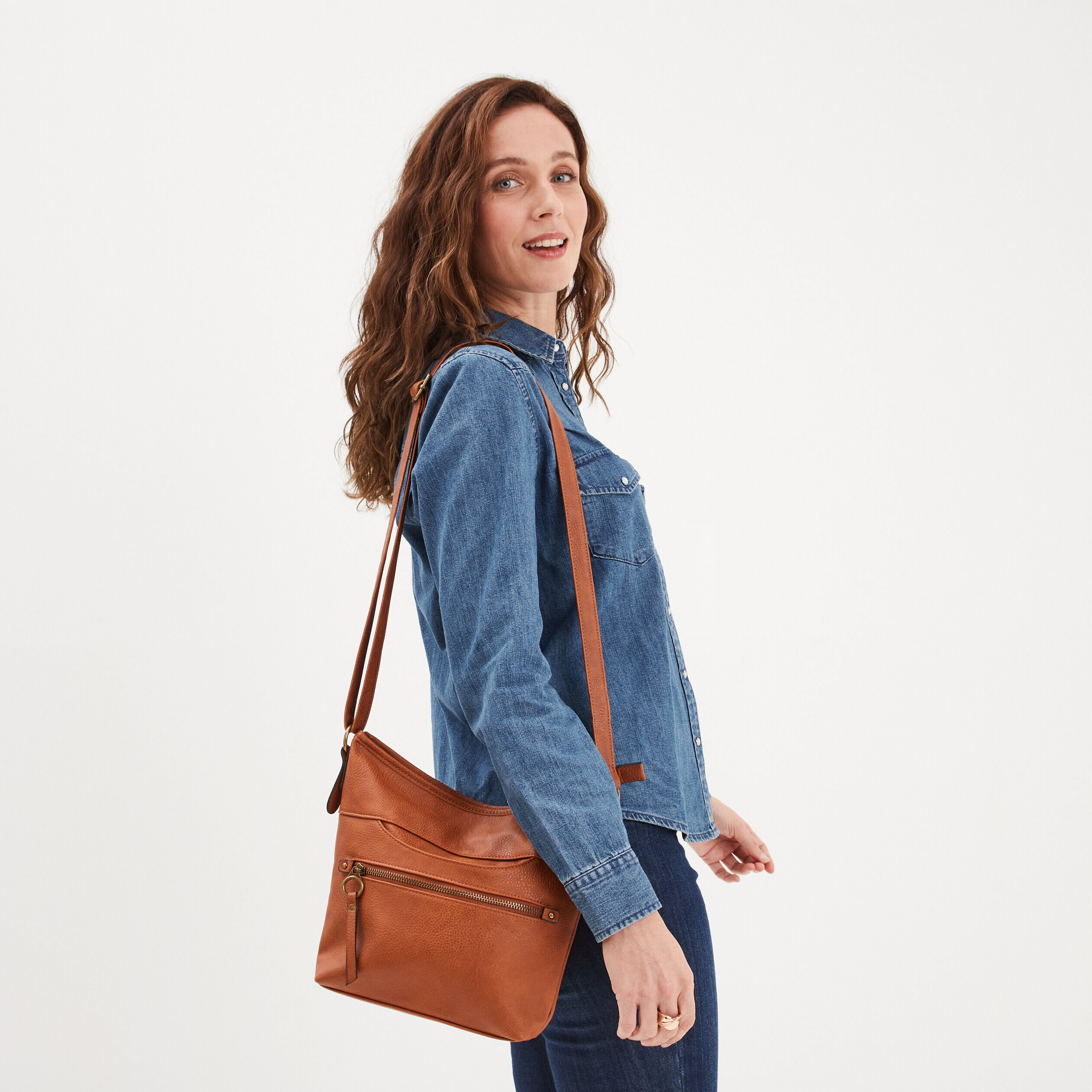 Sac cabas à bandoulière marron cognac femme LH