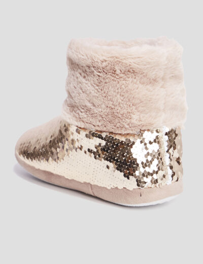 Chaussons bottines sequins et fourrure jaune or femme