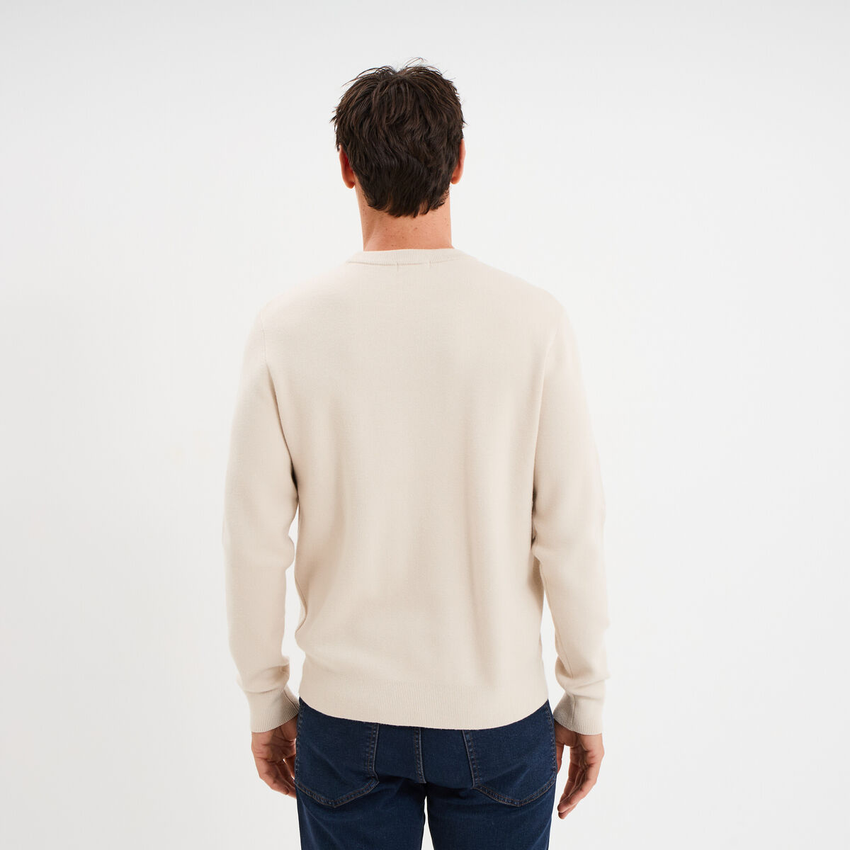 Pull col rond manches longues beige homme