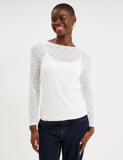 T-shirt effet dentelle manches longues blanc femme