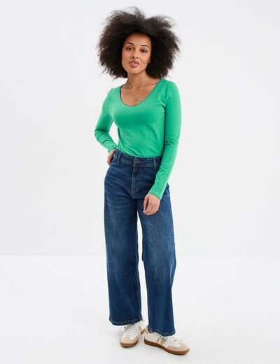T-shirt manches longues col en V coton vert femme