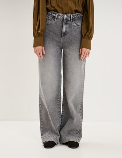 Jean large taille haute ceinture tress&eacute;e denim gris femme