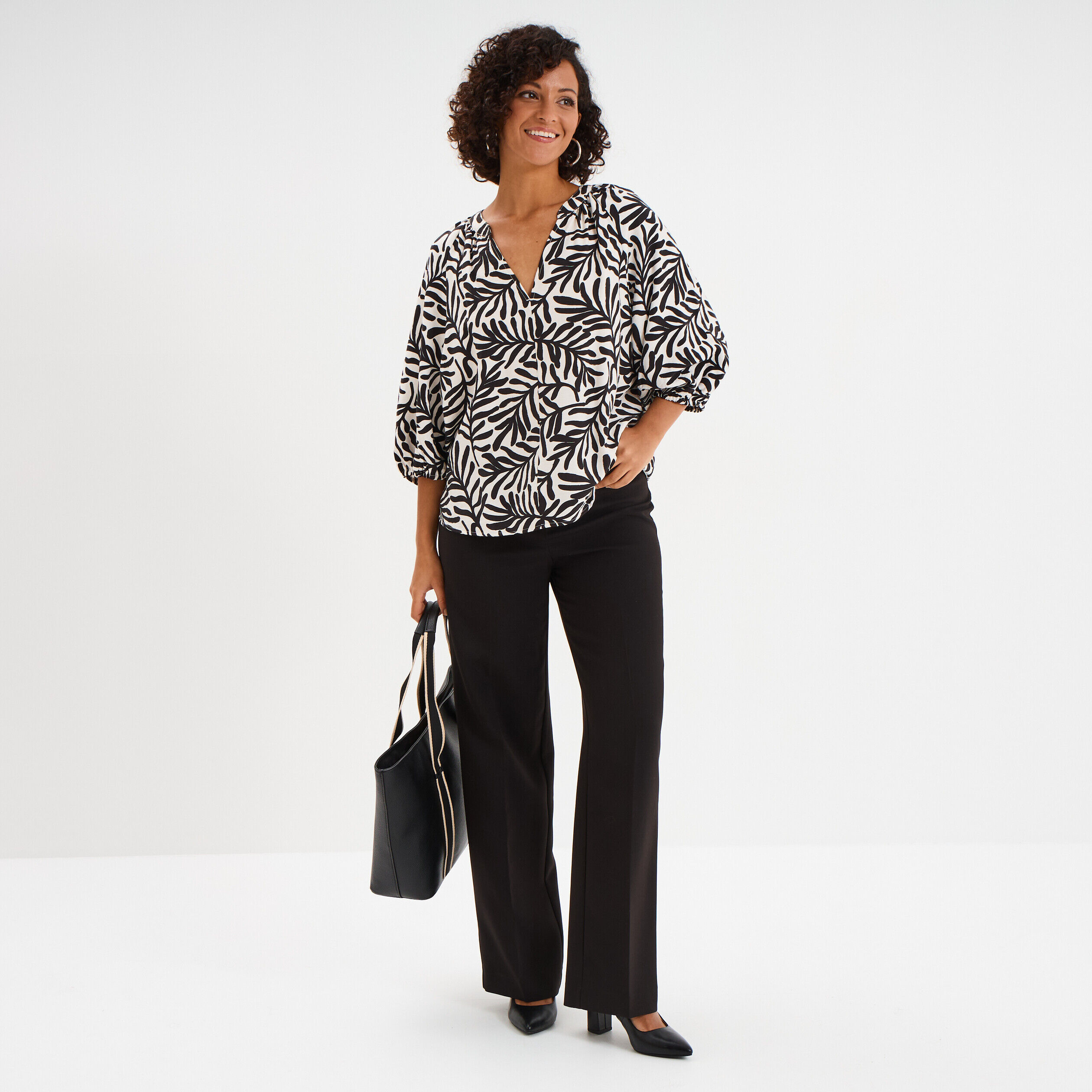 Blouse manches 3/4 ballons col tunisien blanc femme LH
