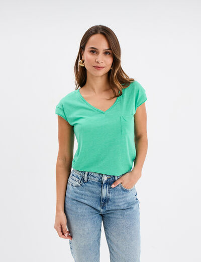 T-shirt col v poche poitrine Creeks vert menthe femme