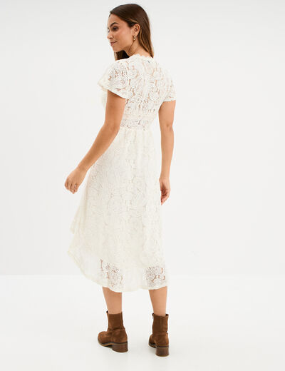 Robe midi col V dentelle et volants blanc femme