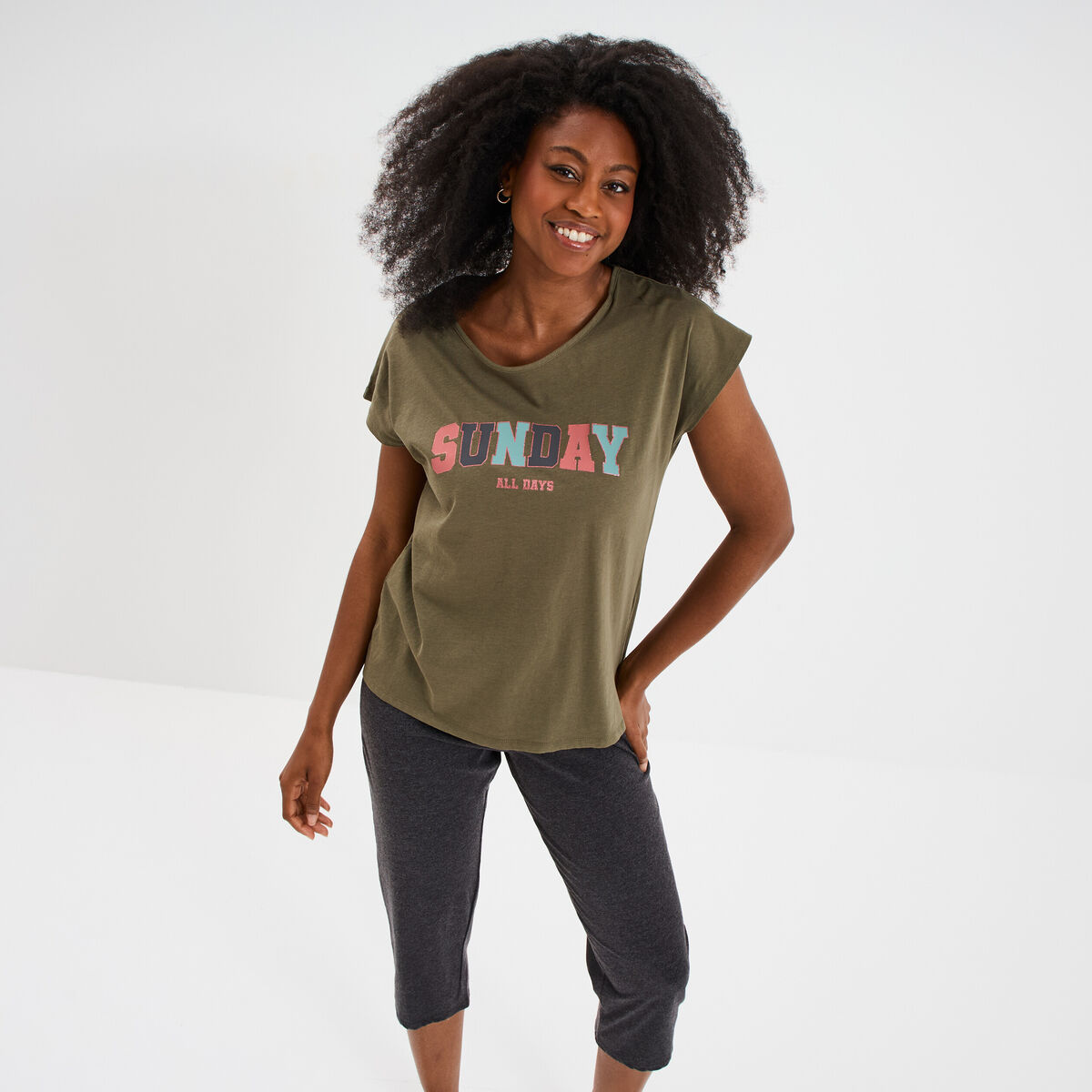 Ensemble pyjama corsaire t-shirt coton vert kaki femme