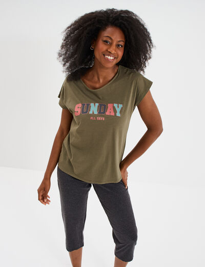 Ensemble pyjama corsaire t-shirt coton vert kaki femme