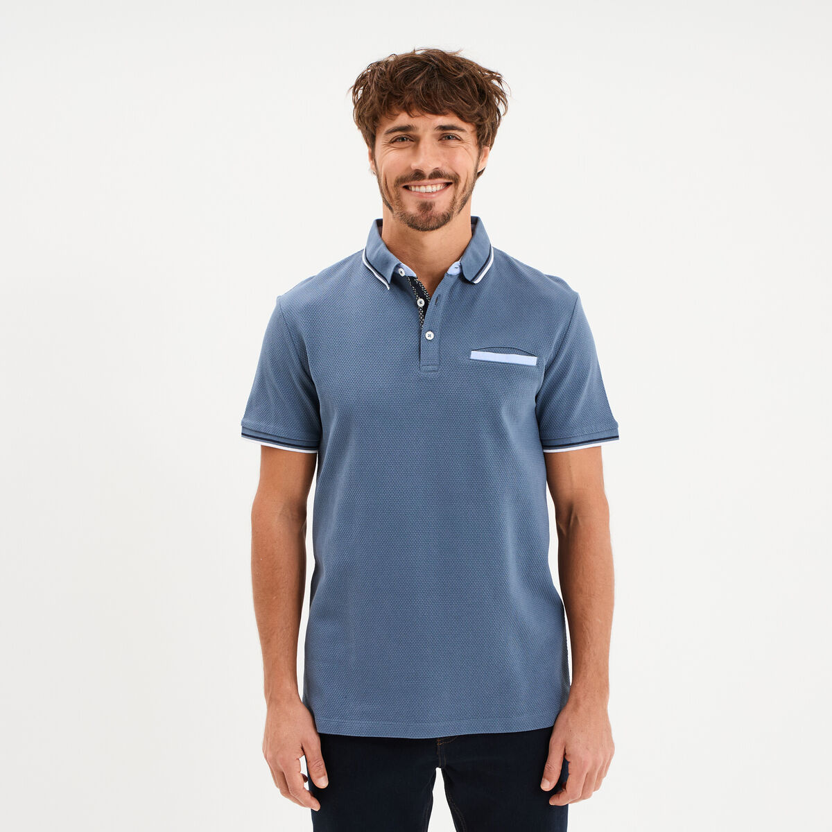 Polo piqu&eacute; manches courtes coton bleu gris homme