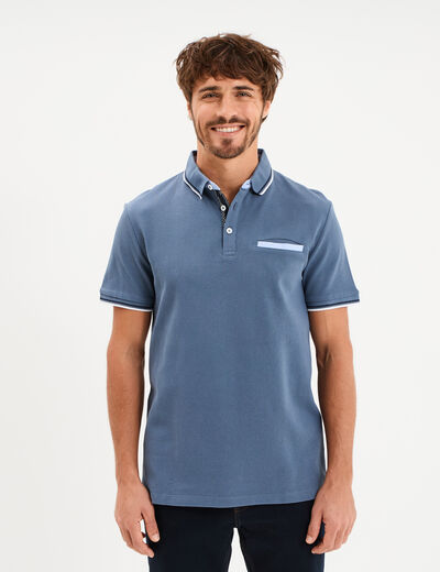 Polo piqu&eacute; manches courtes coton bleu gris homme