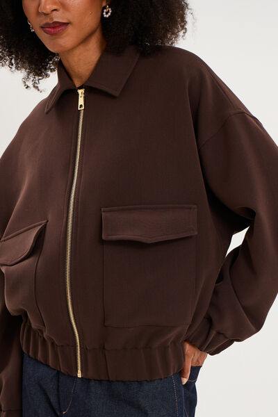 Blouson bo&icirc;te zipp&eacute; poches cargo marron fonc&eacute; femme