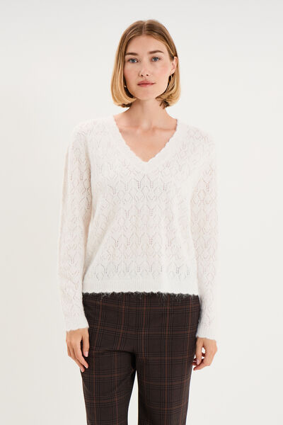 Pull col V ajour&eacute; manches longues blanc femme