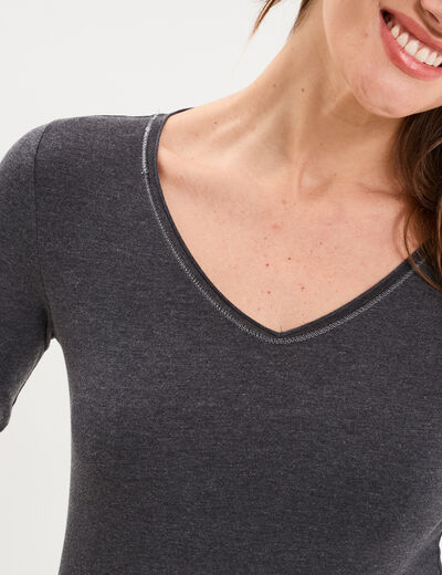 T-shirt manches longues col en V coton gris fonc&eacute; femme