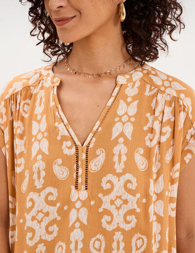 Blouse cr&eacute;pon manches courtes jaune ocre femme